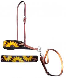 Showman Sunflower and leather hand painted overlay leather tie down noseband and strap